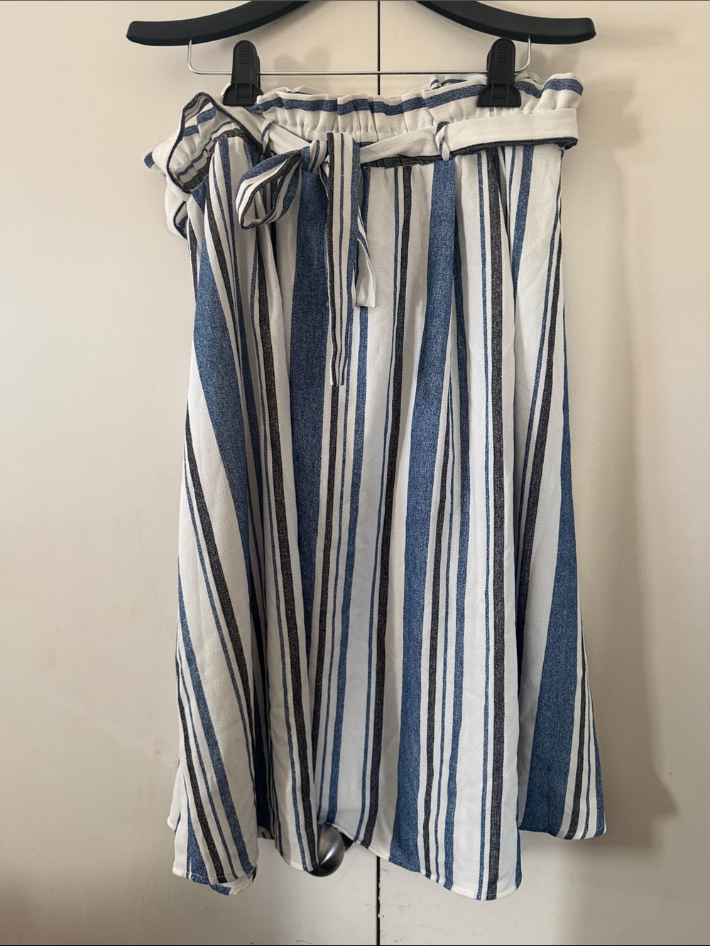 Faith and Joy Blue and White Striped Paperbag Waist Midi Skirt